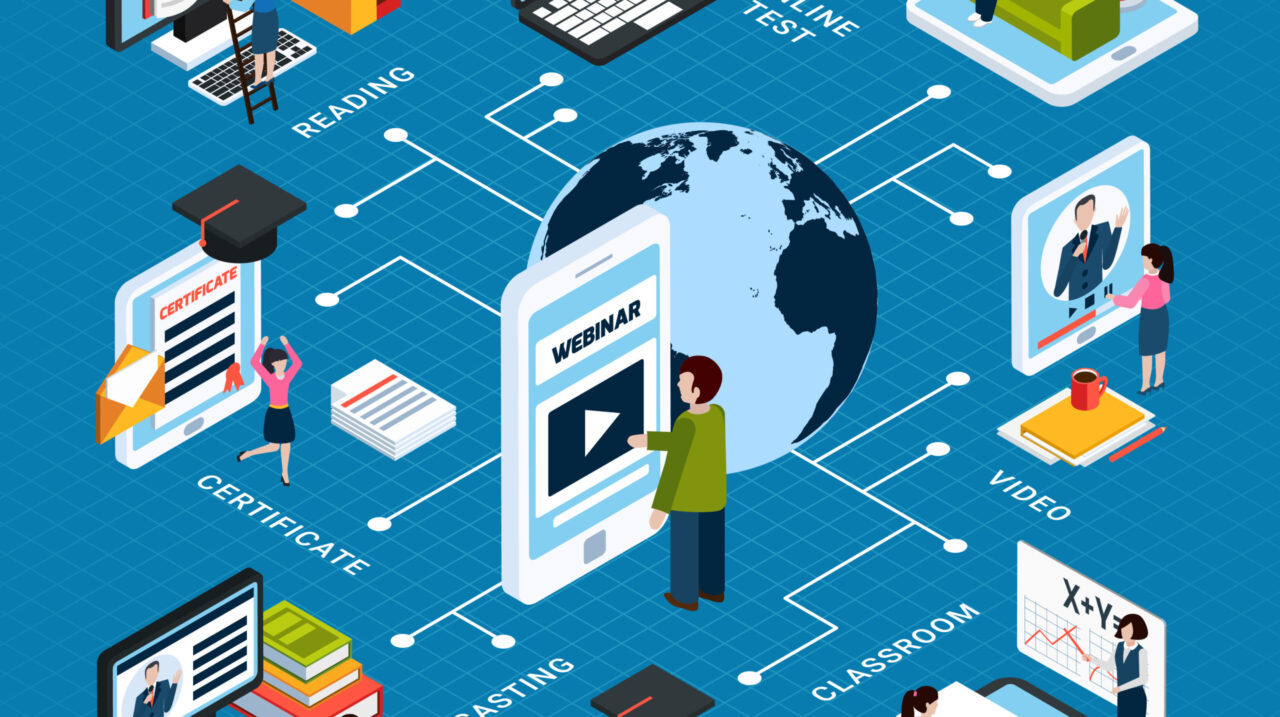 Webinar isometric flowchart with online test reading certificate podcasting classroom video descriptions vector illustration