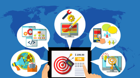 Search engine optimization concept with hands holding tablet surrounded by thought bubble compositions of web icons vector illustration