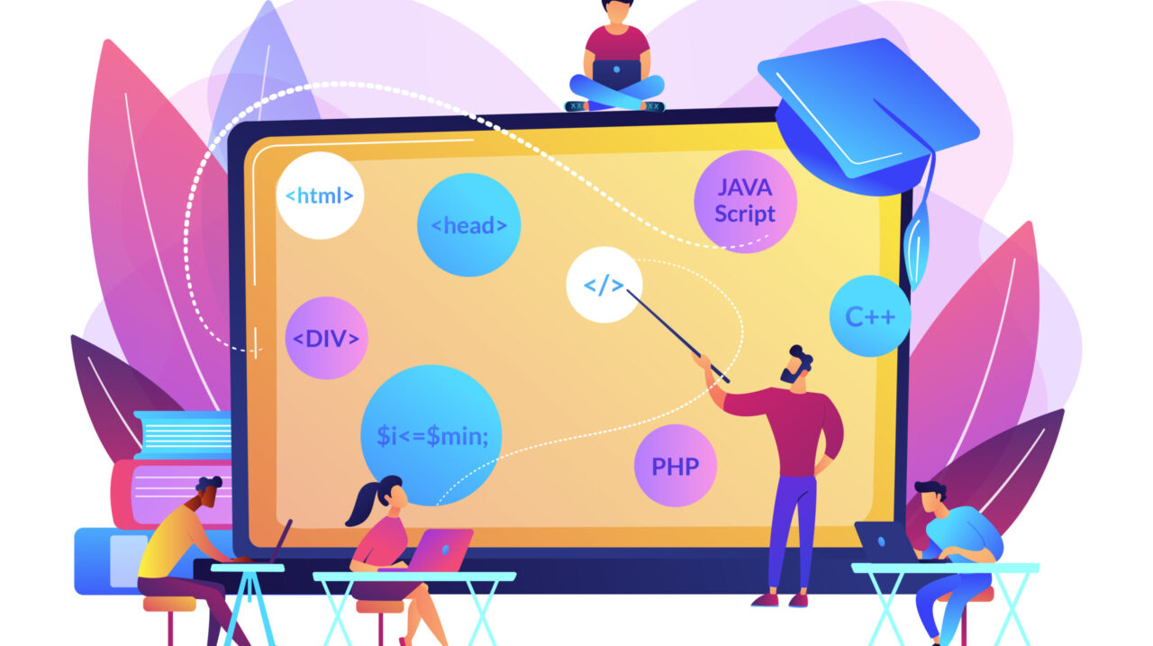 Script writing, software engineering. Coding workshop, code created workshop, online programming course, apps and games development class concept. Bright vibrant violet vector isolated illustration