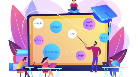 Script writing, software engineering. Coding workshop, code created workshop, online programming course, apps and games development class concept. Bright vibrant violet vector isolated illustration