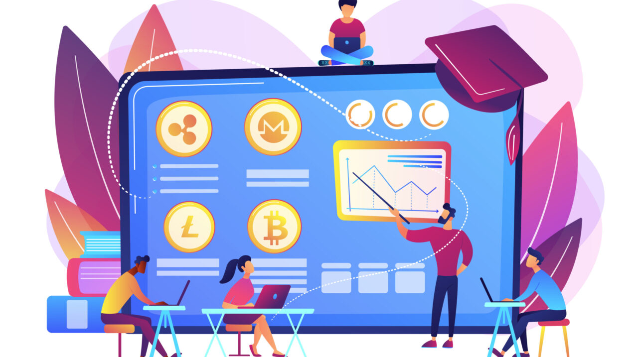 Financial literacy education, e business school. Cryptocurrency trading courses, crypto trade academy, learn how to trade cryptocurrency concept. Bright vibrant violet vector isolated illustration
