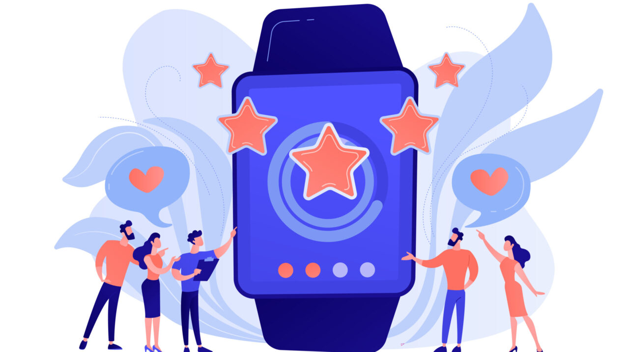 Users with hearts like huge smartwatch with rating stars. Luxury smartwatch, fashion watch and luxury lifestyle concept on white background. Pinkish coral bluevector isolated illustration