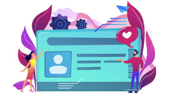 Smart ID card with photo and users. Identification microchip and electronic identity card, plastic smartcard, personal information chipcard concept, violet palette. Vector isolated illustration.