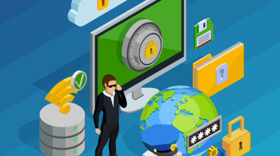 Data protection and storage concept with laptop computer and smartphone isometric vector illustration