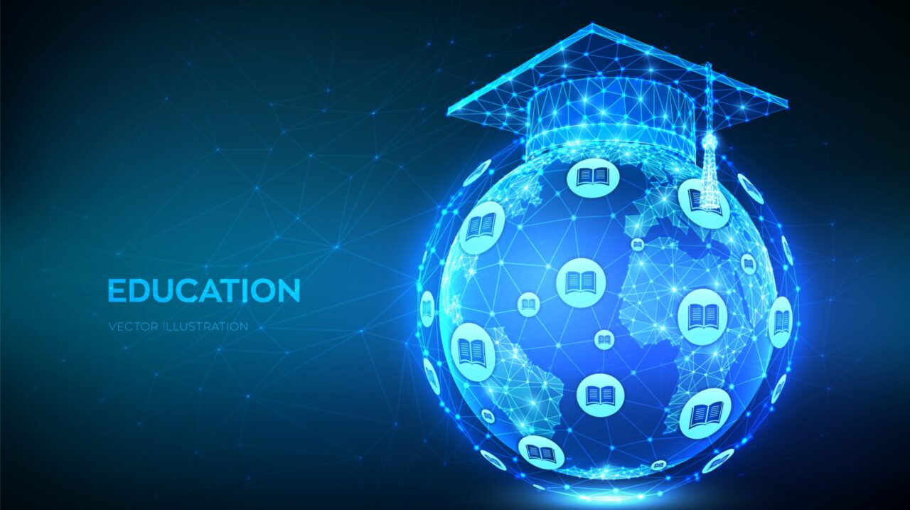 E-learning concept. Innovative online education. Abstract Low Polygonal Graduation cap on planet Earth globe model map. Distance graduate certificate program. Skill development. Vector illustration