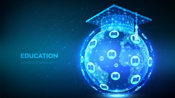 E-learning concept. Innovative online education. Abstract Low Polygonal Graduation cap on planet Earth globe model map. Distance graduate certificate program. Skill development. Vector illustration