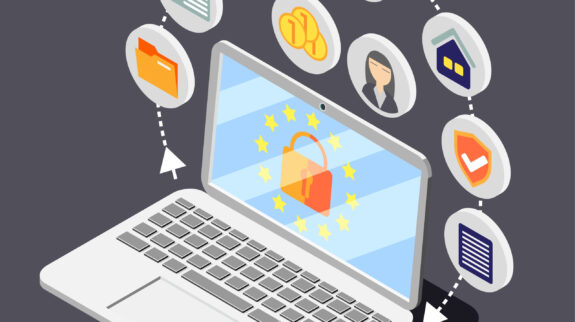 Personal data protection gdpr isometric background composition with image of laptop surrounded by circle pictogram icons vector illustration