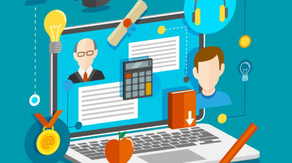 Education school university e-learning flat concept with laptop and graduation icons vector illustration.