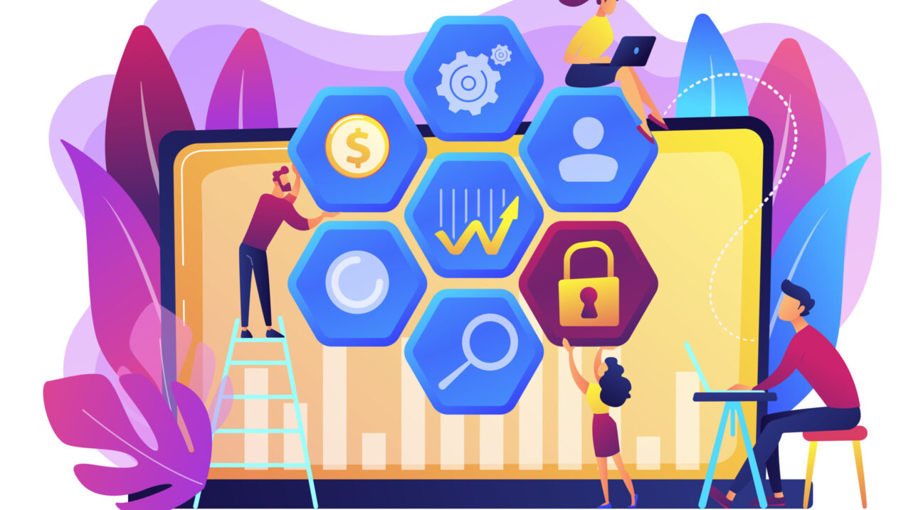 Cyber security risk analysts team reduce risks. Cyber security management, cyber security risk, management strategy concept on white background. Bright vibrant violet vector isolated illustration